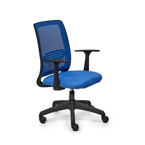 Mesh Medium Back Chair Blue,Orange Fabric Seat, Chrome Base