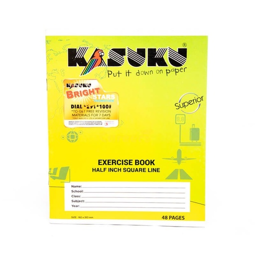 1/2" Square Ruled Exercise Book Chipboard Cover 48 pgs 162x203mm Kasuku